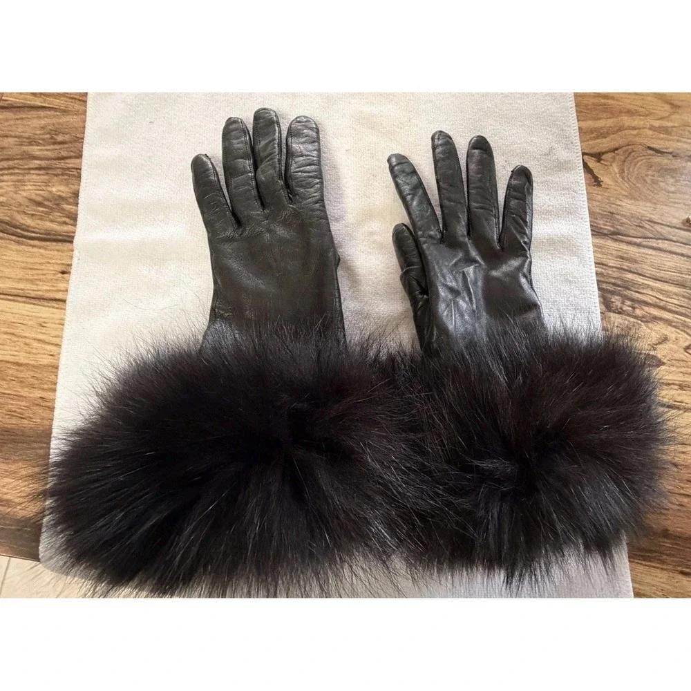 Vintage Black Leather Gloves Real Jumbo Fox Fur Cuffs 1980s Canada Small